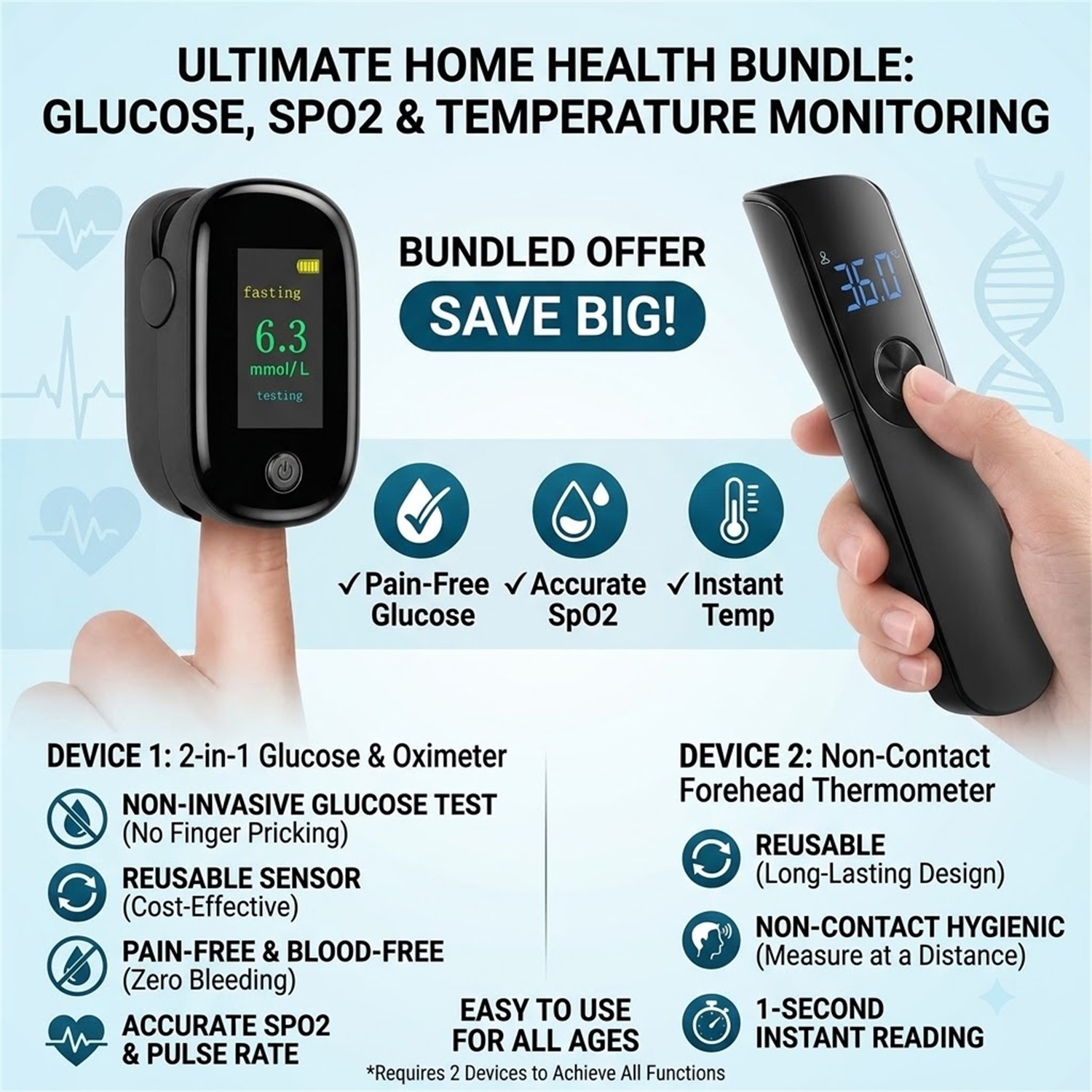 3가지 기능을 갖춘 건강 관리 키트: 손가락을 찌르지  - Pulse Oximeter 리뷰 및 가격